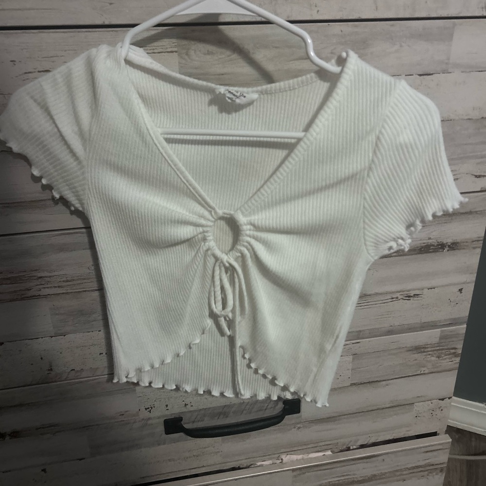 White Ribbed Knit Tie-Front Top